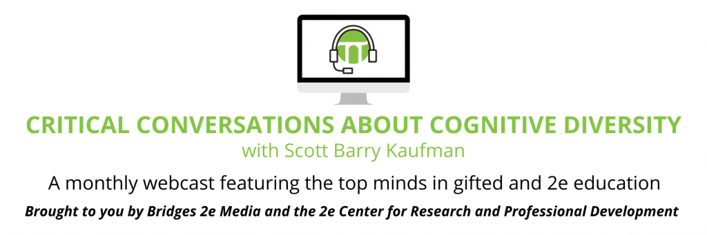 Logo for Scott Barry Kaufman's podcast, "Critical Conversations about Cognitive Diversity." Green, bold font and black font. Design of computer included.