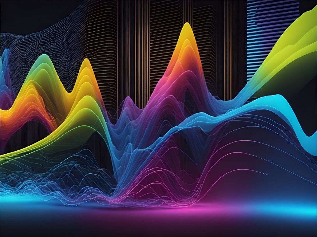 Multi-colored sound waves form mountains and valleys in front of a black background.