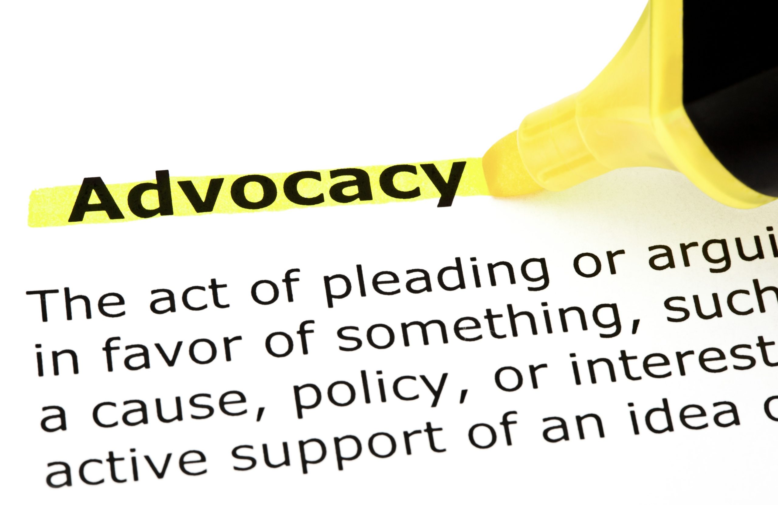 The word "Advocacy" being highlighted in a text that has the definition underneath which is cut off